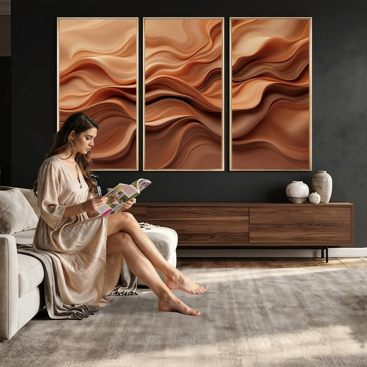 82230697-MGV-CV-36X24 - Modern Abstract Fluid Waves Canvas Wall Art - Minimalist Warm Terracotta Beige Sand Print