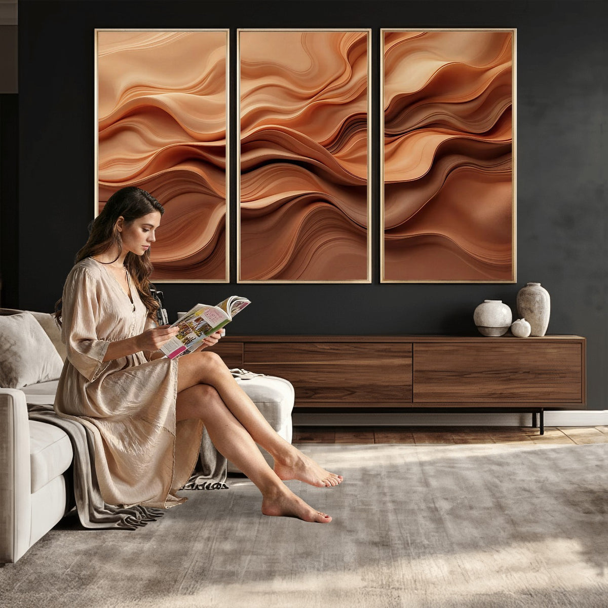 82230697-_Poster-30x20 - Modern Abstract Fluid Waves Canvas Wall Art - Minimalist Warm Terracotta Beige Sand Print