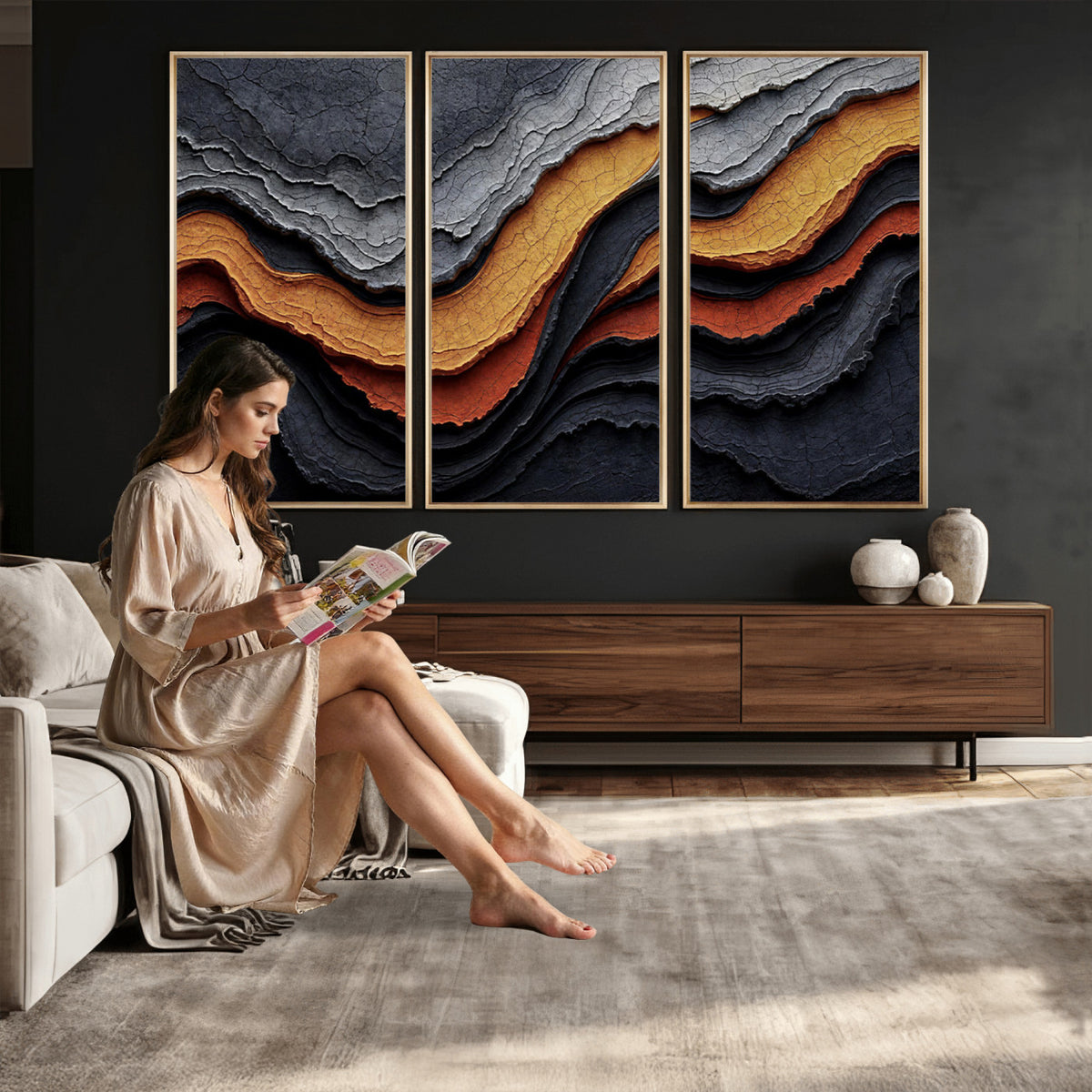 59852489-MGV-CV-36X24 - Abstract Waves Canvas Wall Art - Modern Terracotta and Charcoal Gray Print