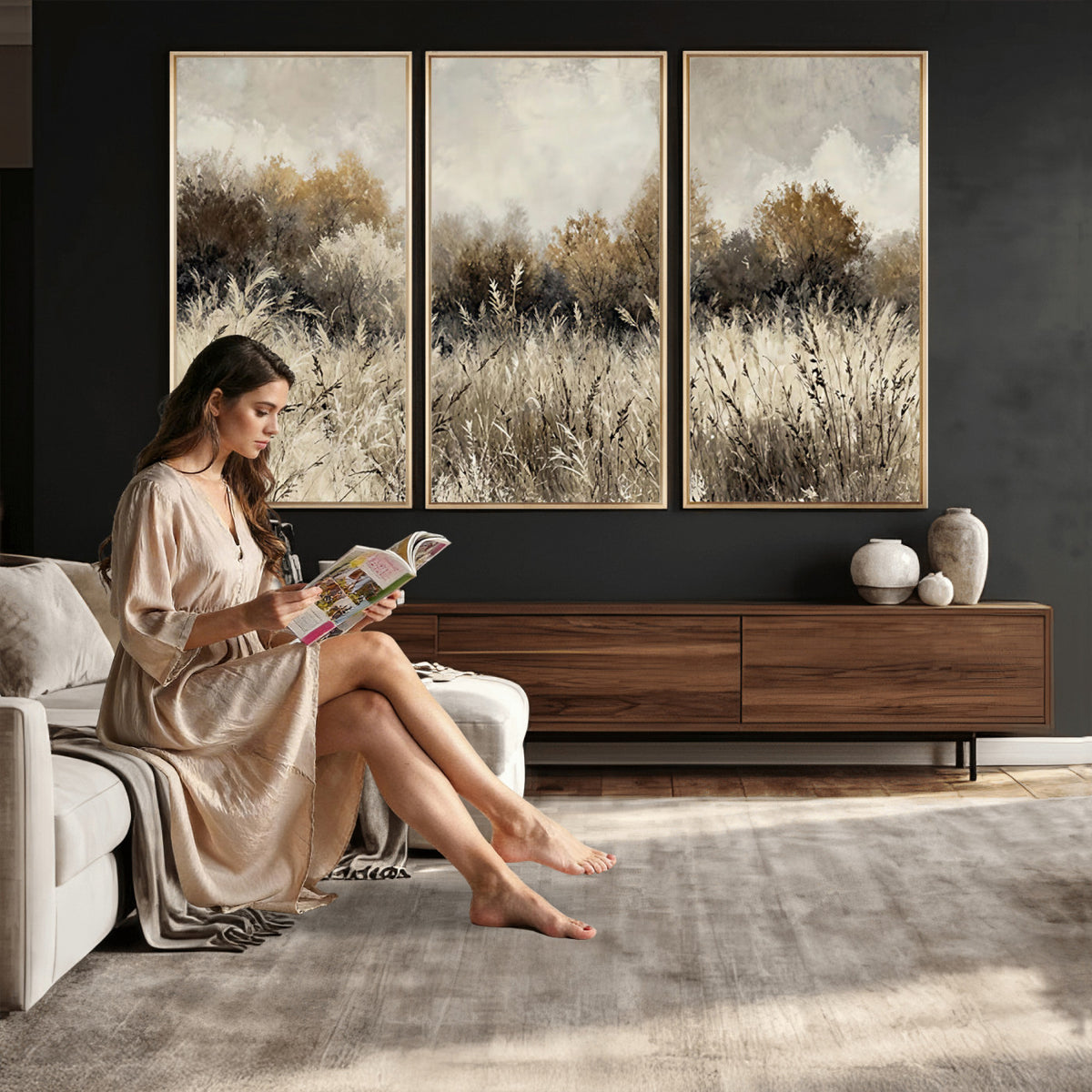 53959945-MGV-TP-30X20 - Muted Neutral Forest Landscape Canvas Wall Art - Vintage Rustic Wildflower Meadow Print