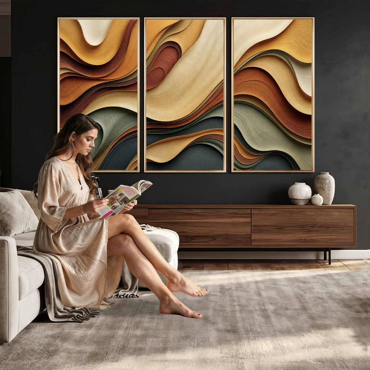 19337902-MGV-CV-36X24 - Modern Abstract Waves Canvas Wall Art - Minimalist Earthy Tone Living Room Decor