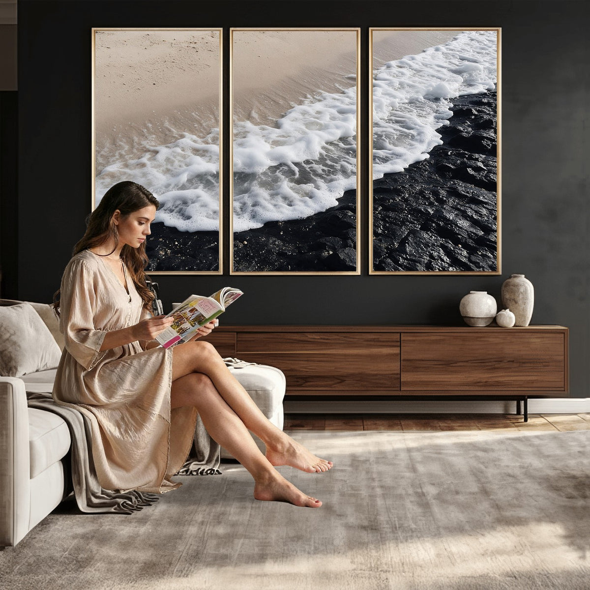 27448606-MGV-CV-24X16 - Ocean Wave Foam on Black Lava Rock Beach Canvas Wall Art Print