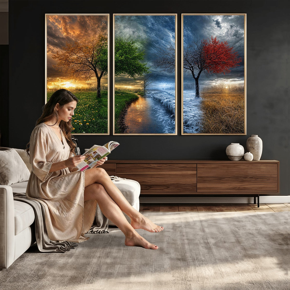 61895574-MGV-CV-24X16 - Four Seasons Tree Canvas Wall Art, Nature Landscape Canvas Print for Living Room