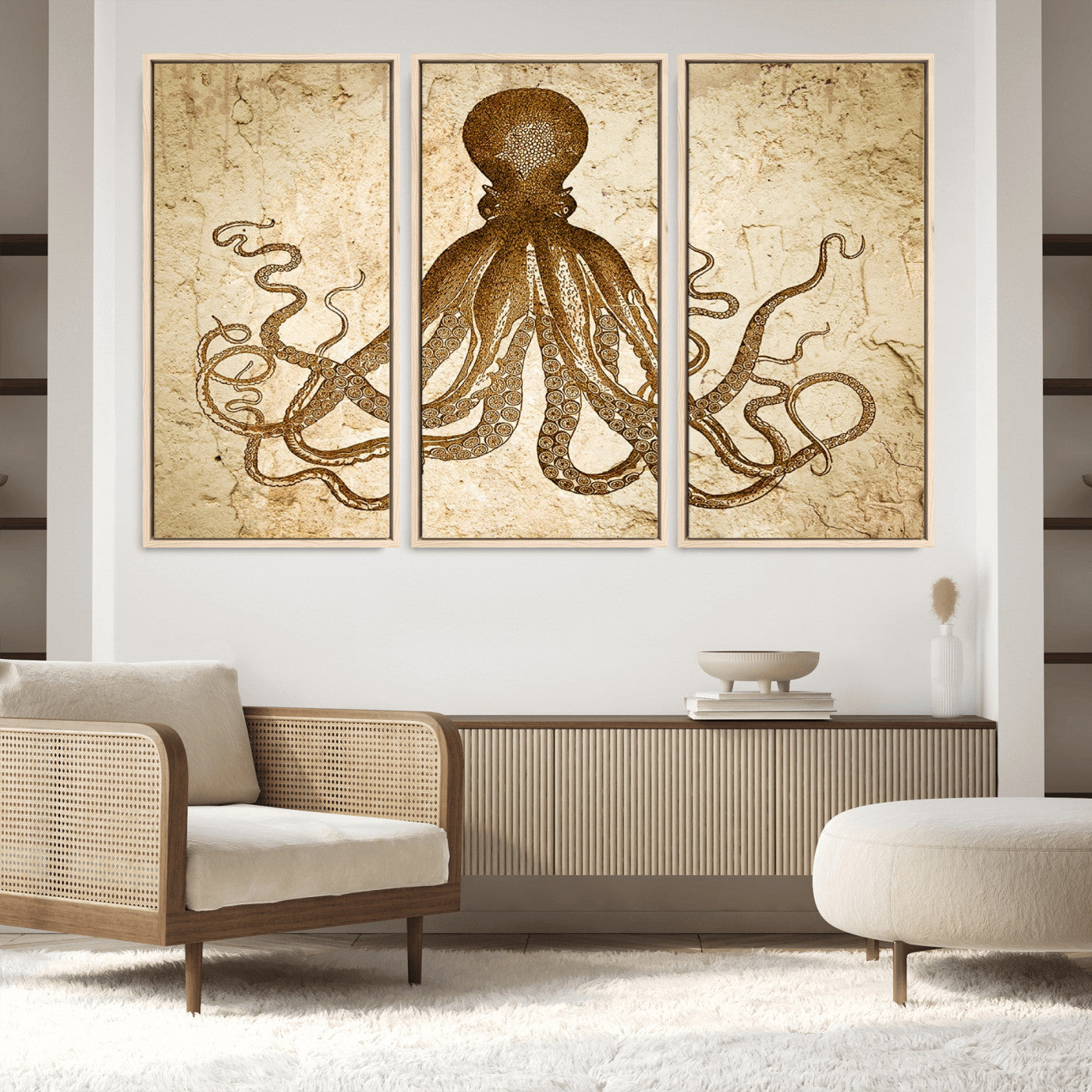 96154-MGV-FC-60X40-3P_Natural-Sepia Octopus Wall Art Abstract Animal Canvas Print