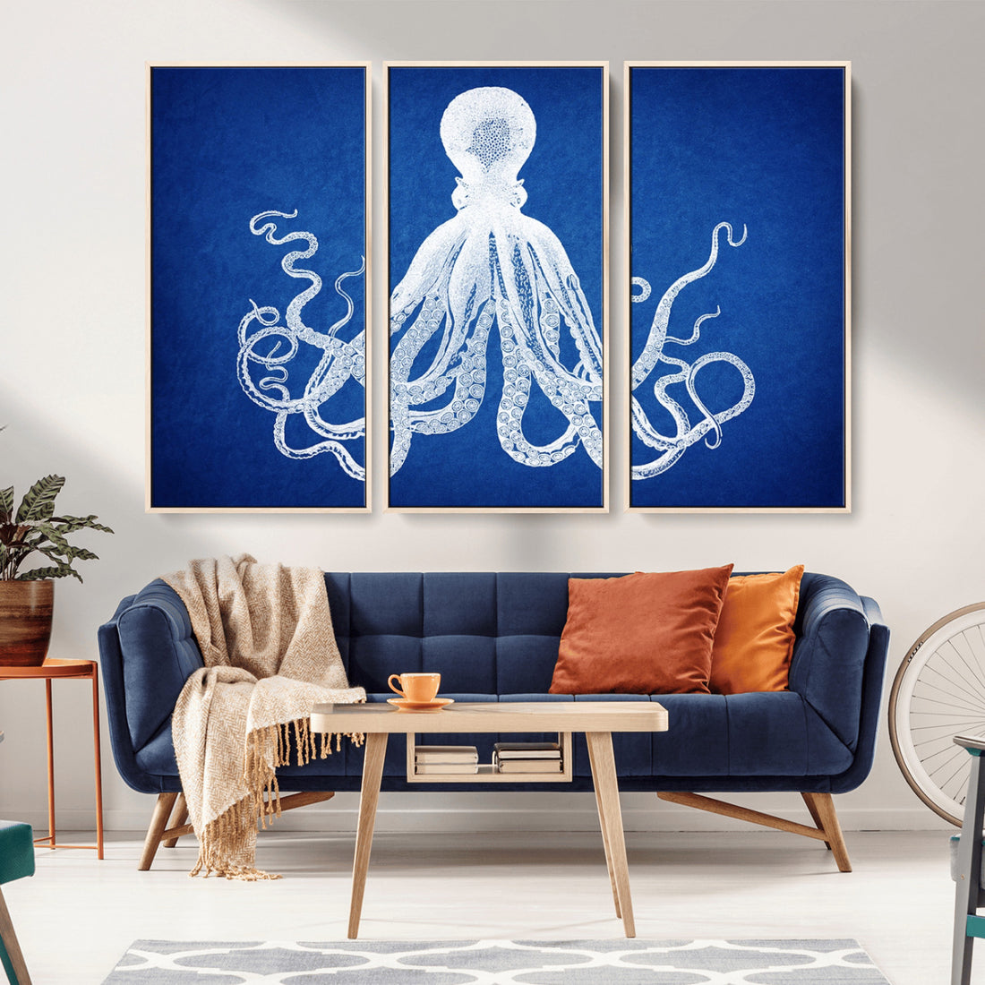 Large 3-Panel Blue Octopus Canvas Wall Art | Coastal Marine Life Art