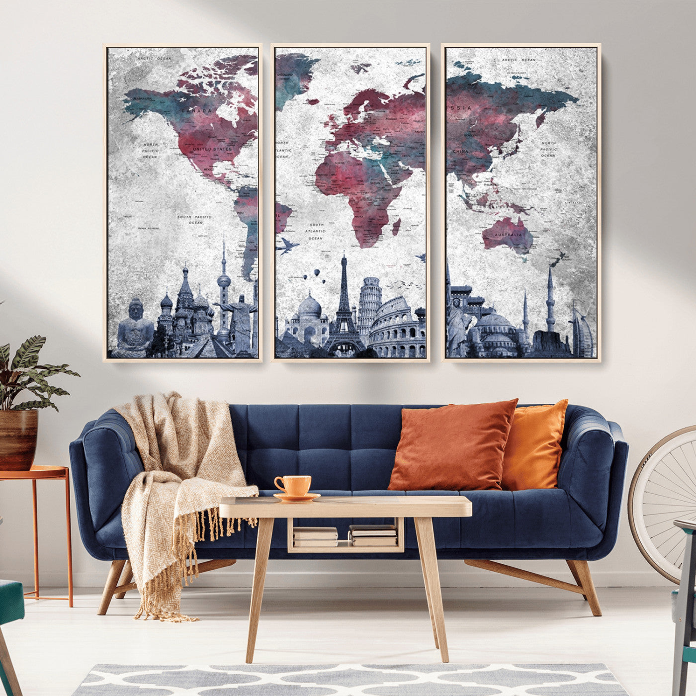 MGV-FC-48X32-3P - Push Pin World Map Canvas Print – Framed Wall Art for Couples to Track Their Travels – Anniversary