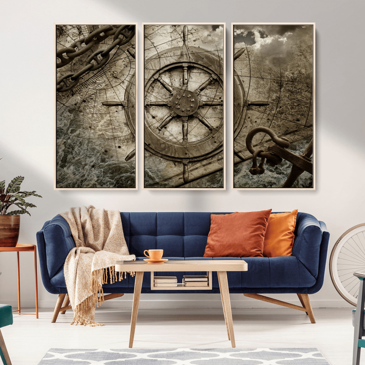 MGV-FC-48X32-3P - Wooden Ship Wheel Canvas Print, Multi Panel Canvas Wall Art Print