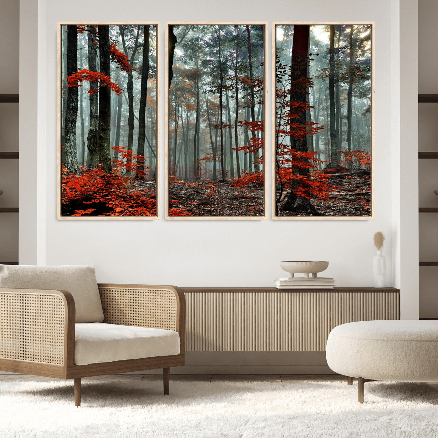 59209-MGV-FC-60X40-3P_Natural-Autumn Forest Canvas Wall Art – Enchanting Red Leaves Triptych Print – Nature-Inspired Decor for Living Room or Office – Ready to Hang