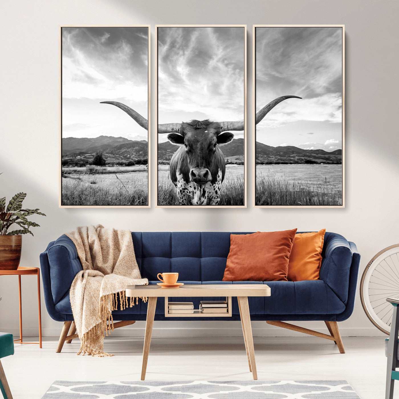 MGV-FC-48X32-3P - Longhorn Cow Wall Art Canvas Print Farmhouse Wall Art - Texas Longhorn Wall Art Print