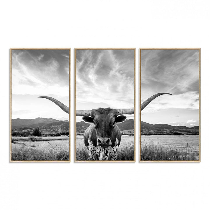 Modern living room featuring Longhorn Cow Wall Art Canvas Print.