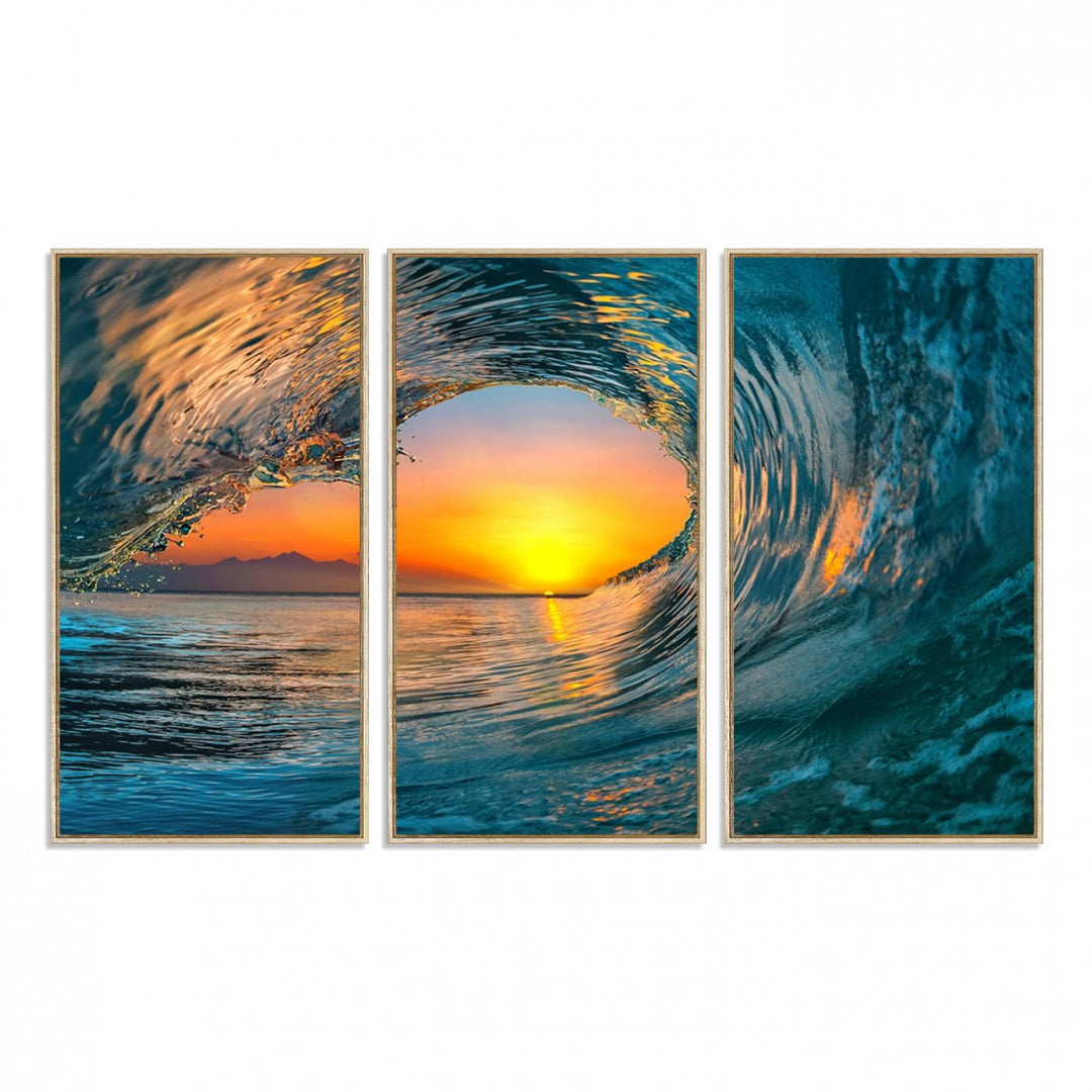 The Ocean Wave Sunset Wall Art canvas print features a vibrant ocean wave at sunset, forming a tunnel with silhouetted mountains.