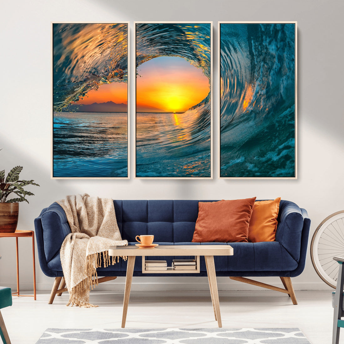 Ocean Wave Sunset Wall Art | Large Coastal Wave Canvas Print