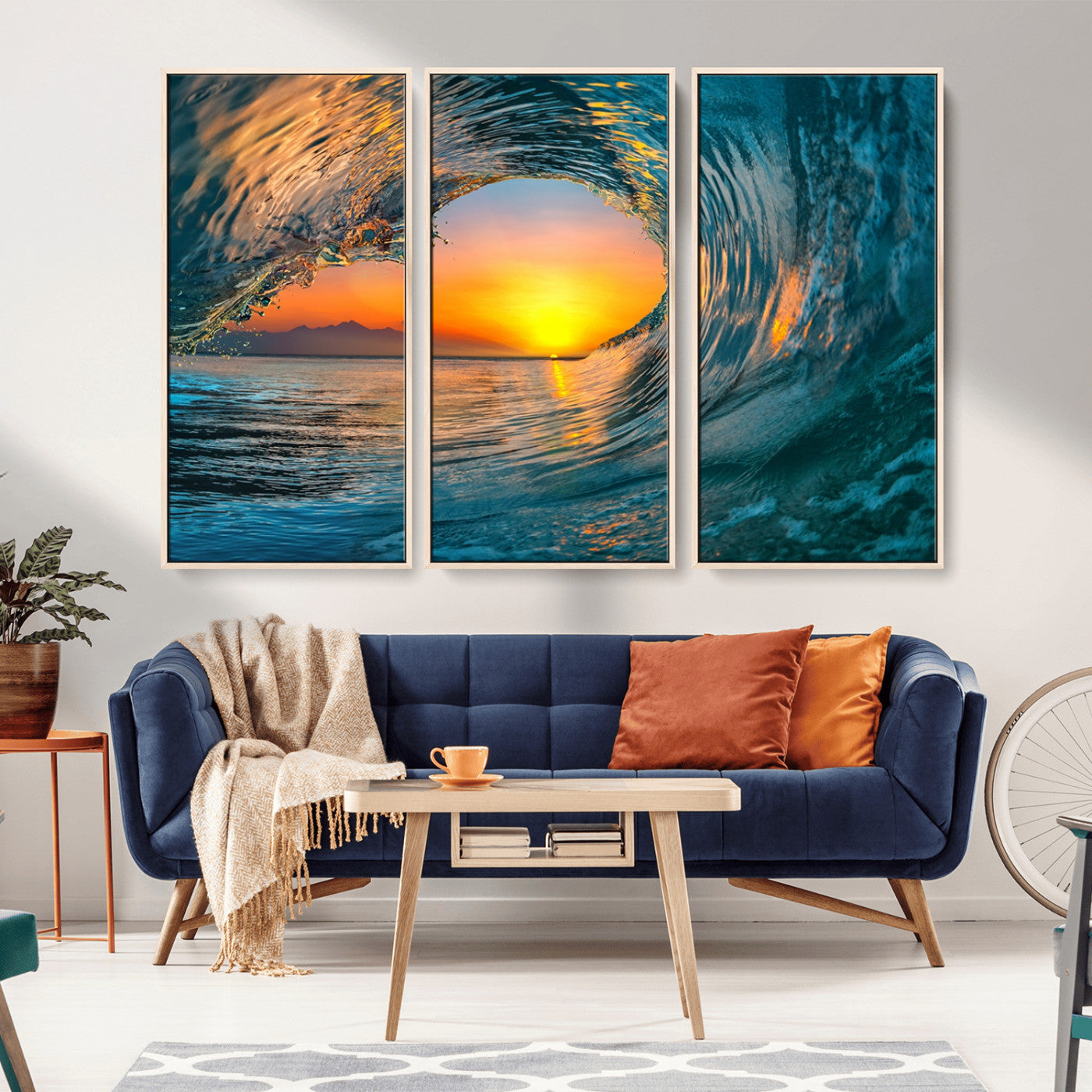 MGV-FC-48X32-3P - Ocean Wave Sunset Wall Art | Large Coastal Wave Canvas Print | 3-Panel Ocean Sunset Seascape for