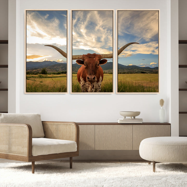 Texas Longhorn Canvas Wall Art – Majestic Triptych Animal Print – Rustic Western Decor for Living Room or Office – Ready to Hang