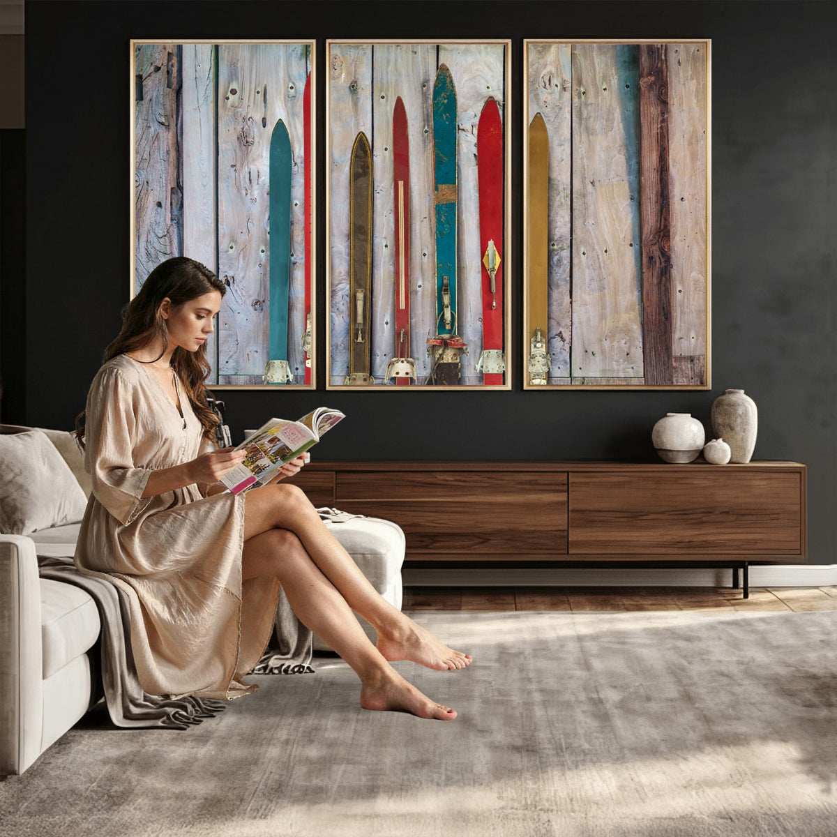 30640-MGV-CV-36X24 - Vintage Wooden Weathered Skis in Front of an Old Barn Wall Art Canvas Print