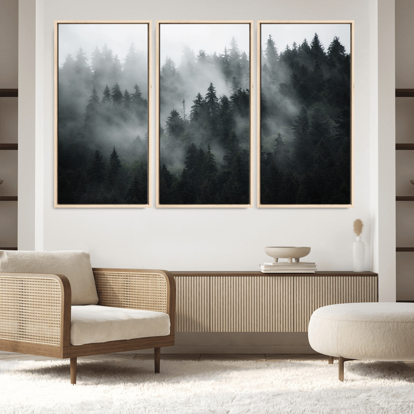 52359-MGV-FC-60X40-3P_Natural-Foggy Forest Wall Art Canvas Print | 3 Panel Large Misty Landscape for Dining Room, Office, or Living Room | Ready to Hang Nature Deco