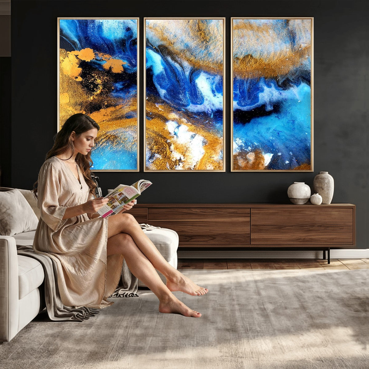 42100-_Poster-30x20 - Large Abstract Wall Art Print | Gold and Blue Abstract Canvas Wall Art