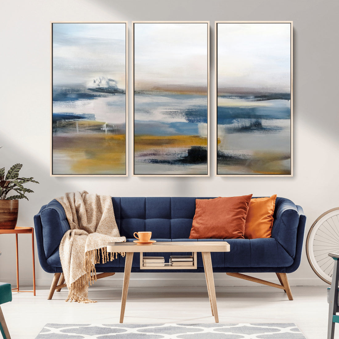 Abstract Landscape Wall Art Canvas | 3 Panel Modern Blue, Gold and White Canvas Art