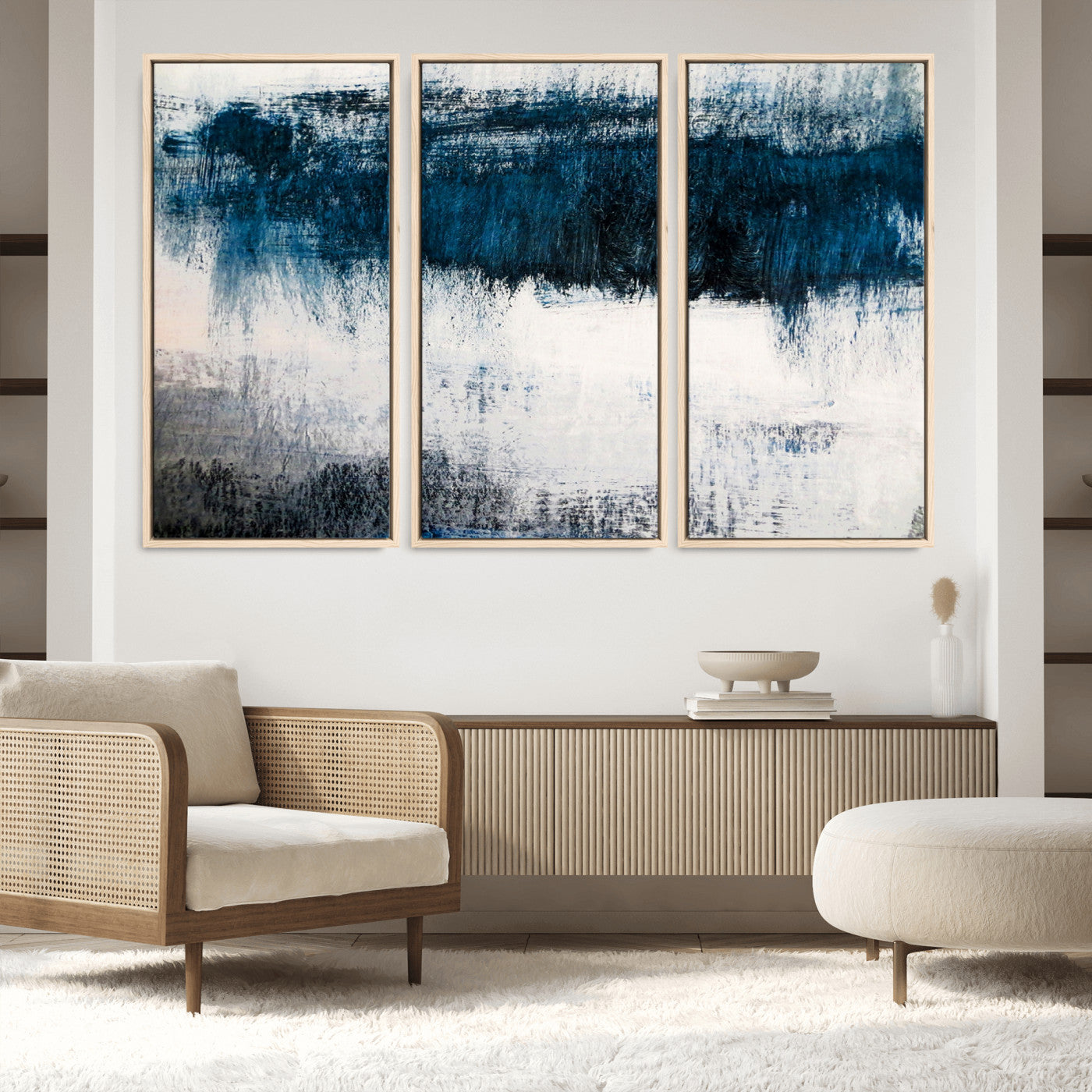 38954-MGV-FC-60X40-3P_Natural-Abstract Blue and White Canvas Art | Large Wall Art for Modern Living Room Decor | Minimalist Brushstroke Painting on Canvas