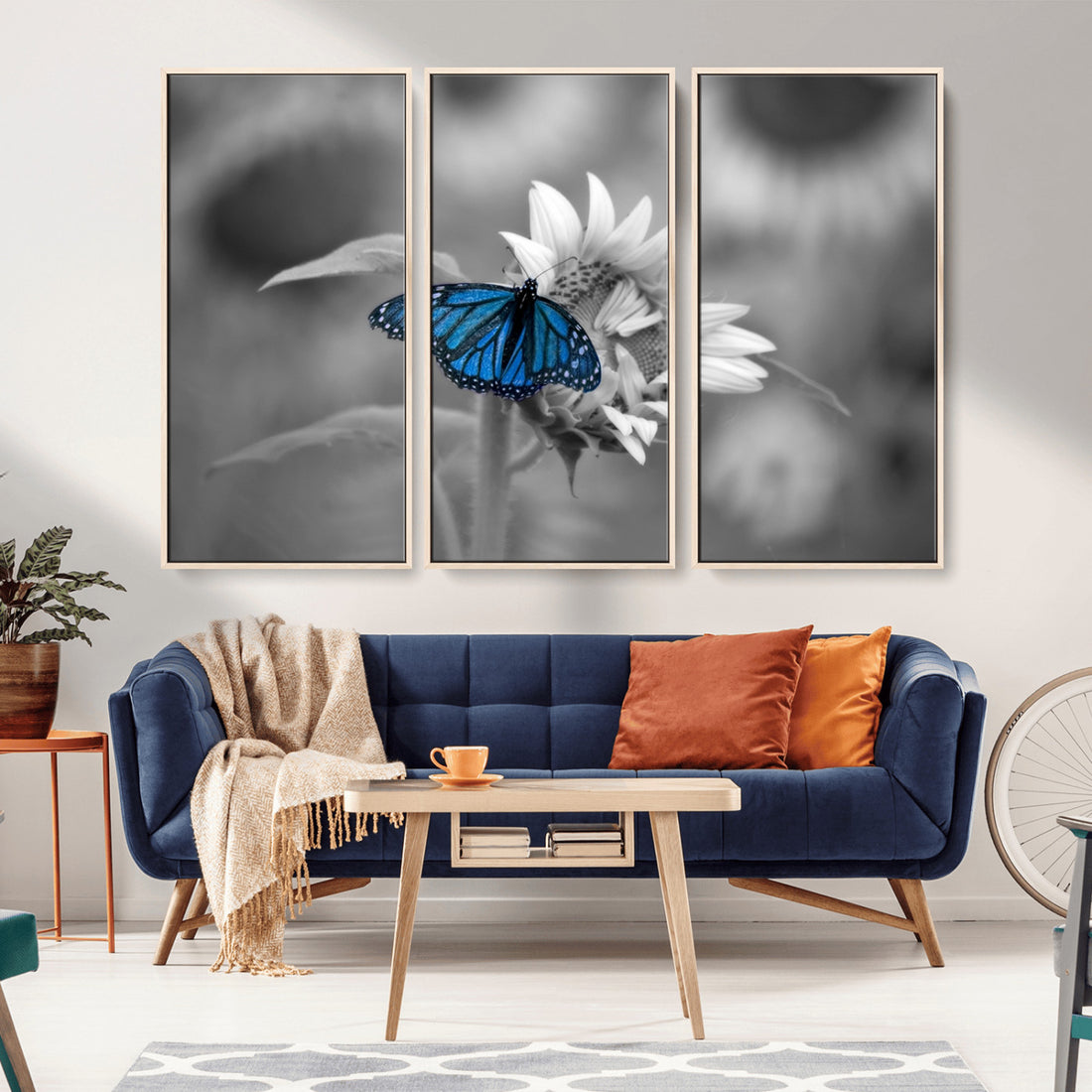 Blue Butterfly Black and White Canvas Wall Art