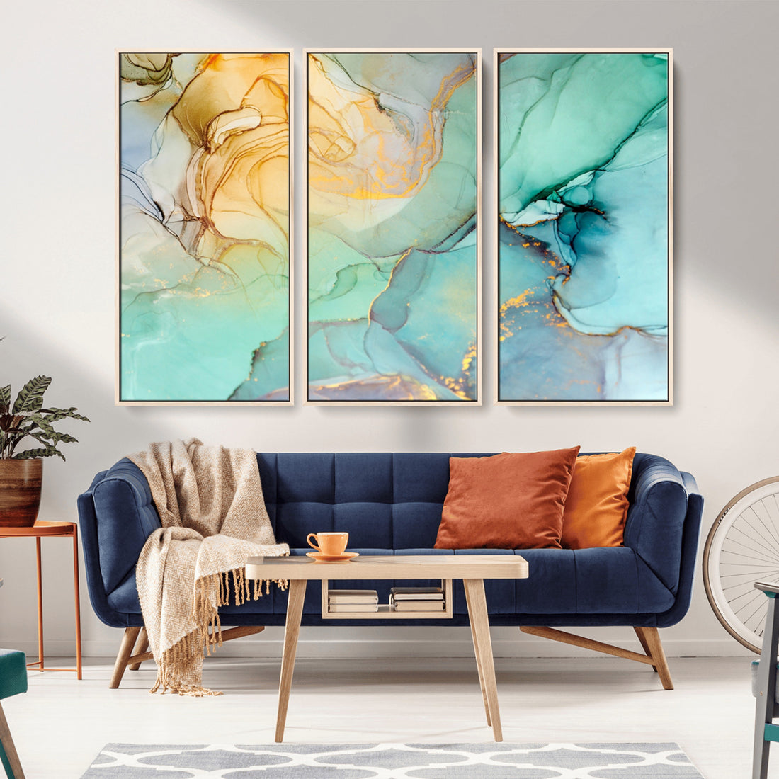 Abstract Aqua and Gold Fluid Wall Art Canvas | 3 Panel Large Canvas Print