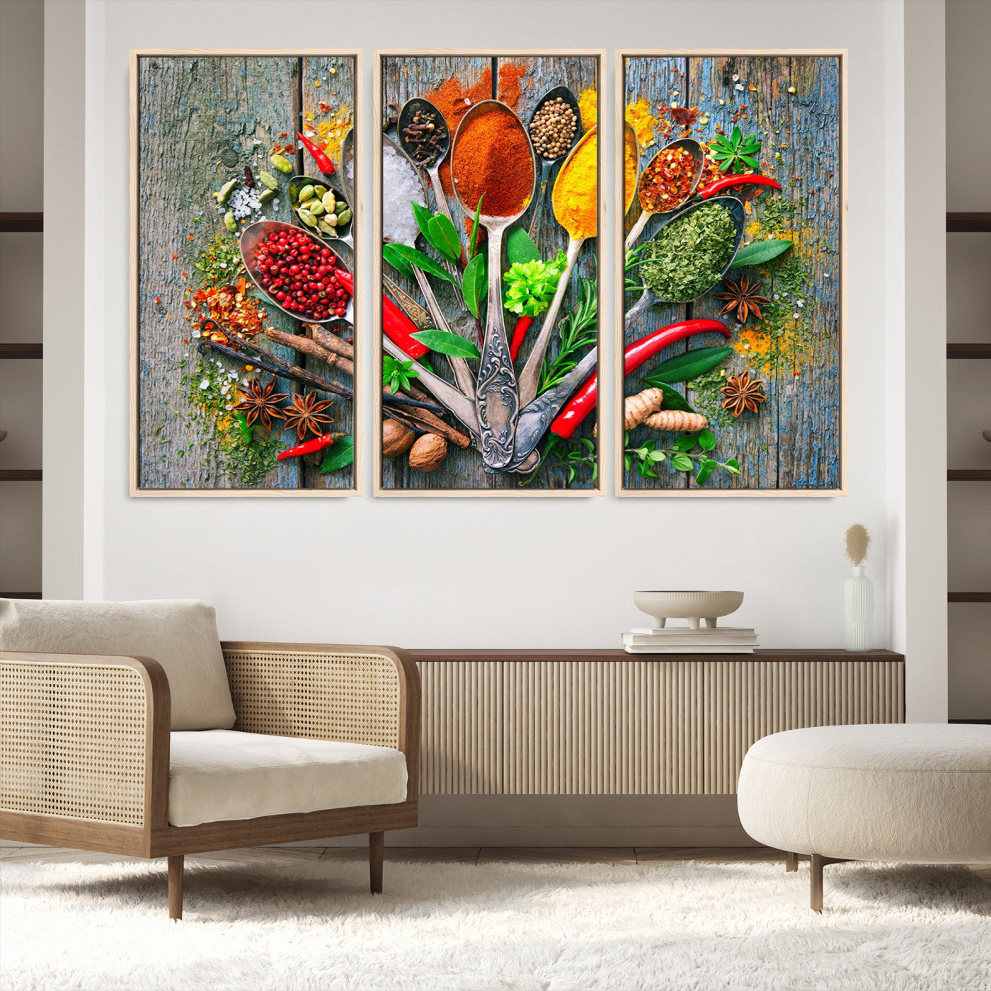 20619-MGV-FC-60X40-3P_Natural-Spoonful of Spices Cooking Wall Art Canvas Print - Vibrant Kitchen Decor Triptych – Culinary Art Print for Dining Room or Kitchen – Ready to