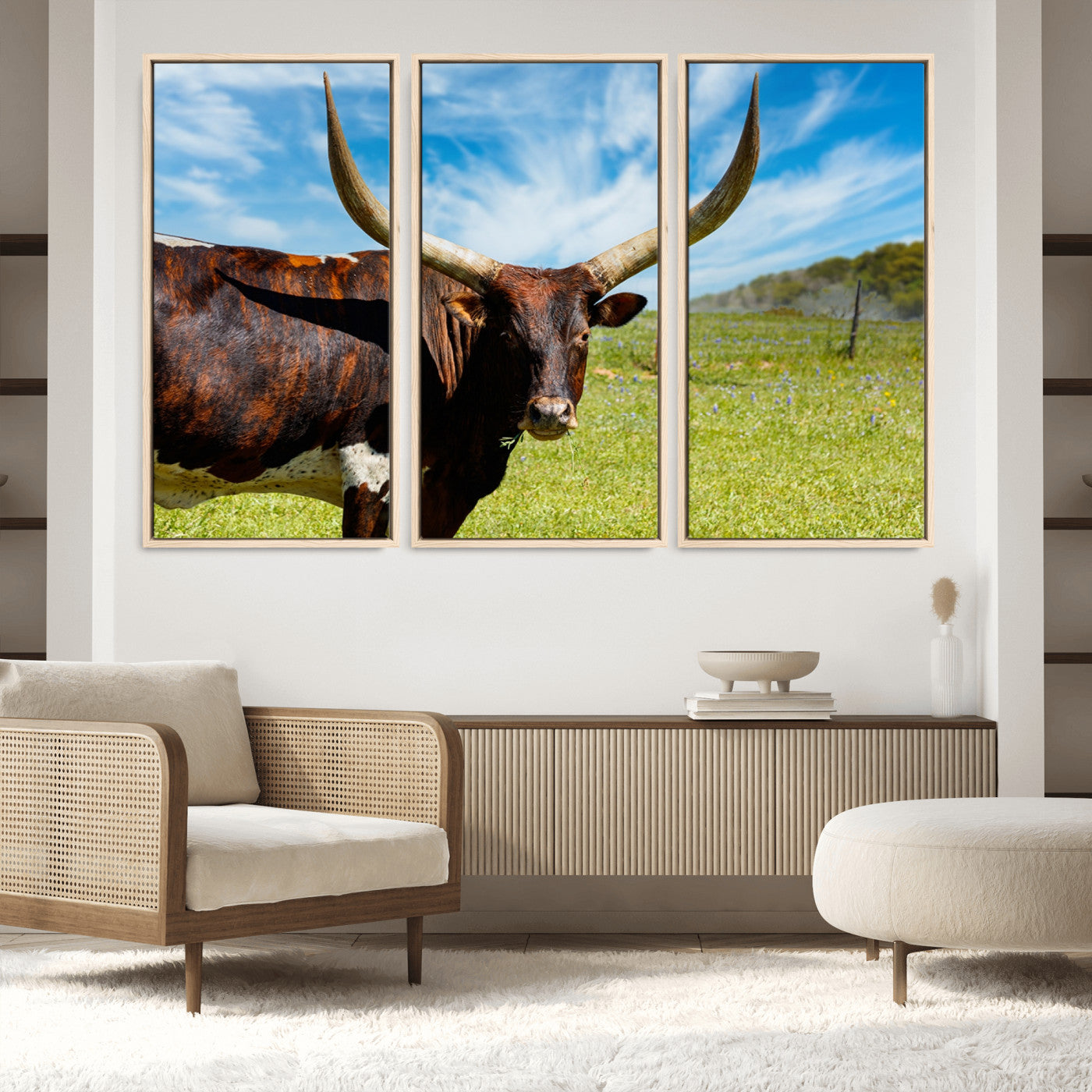 47037-MGV-FC-48X32-3P_Natural-Longhorn and Cow Wall Art, Country Cow Wall Decor Canvas Print
