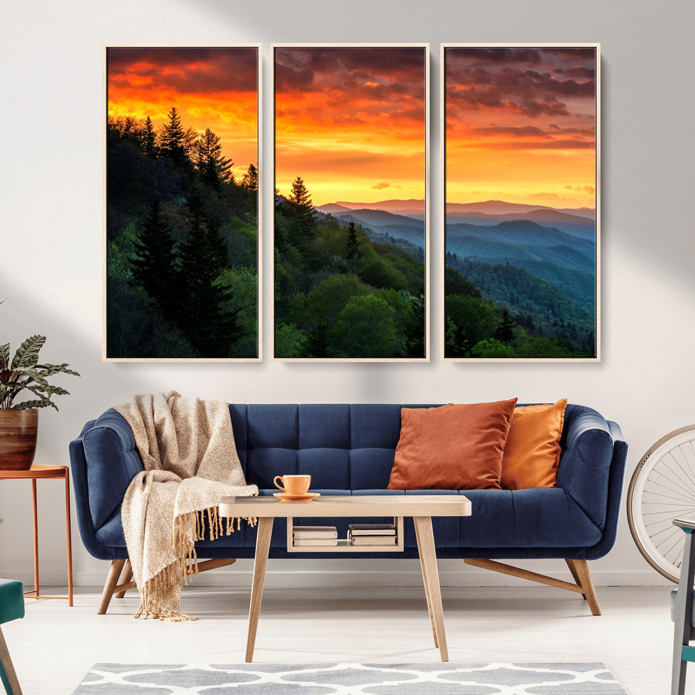 MGV-FC-48X32-3P - Great Smoky Mountains Sunset Wall Art Canvas Print | 3 Panel Large Nature Landscape Photography for