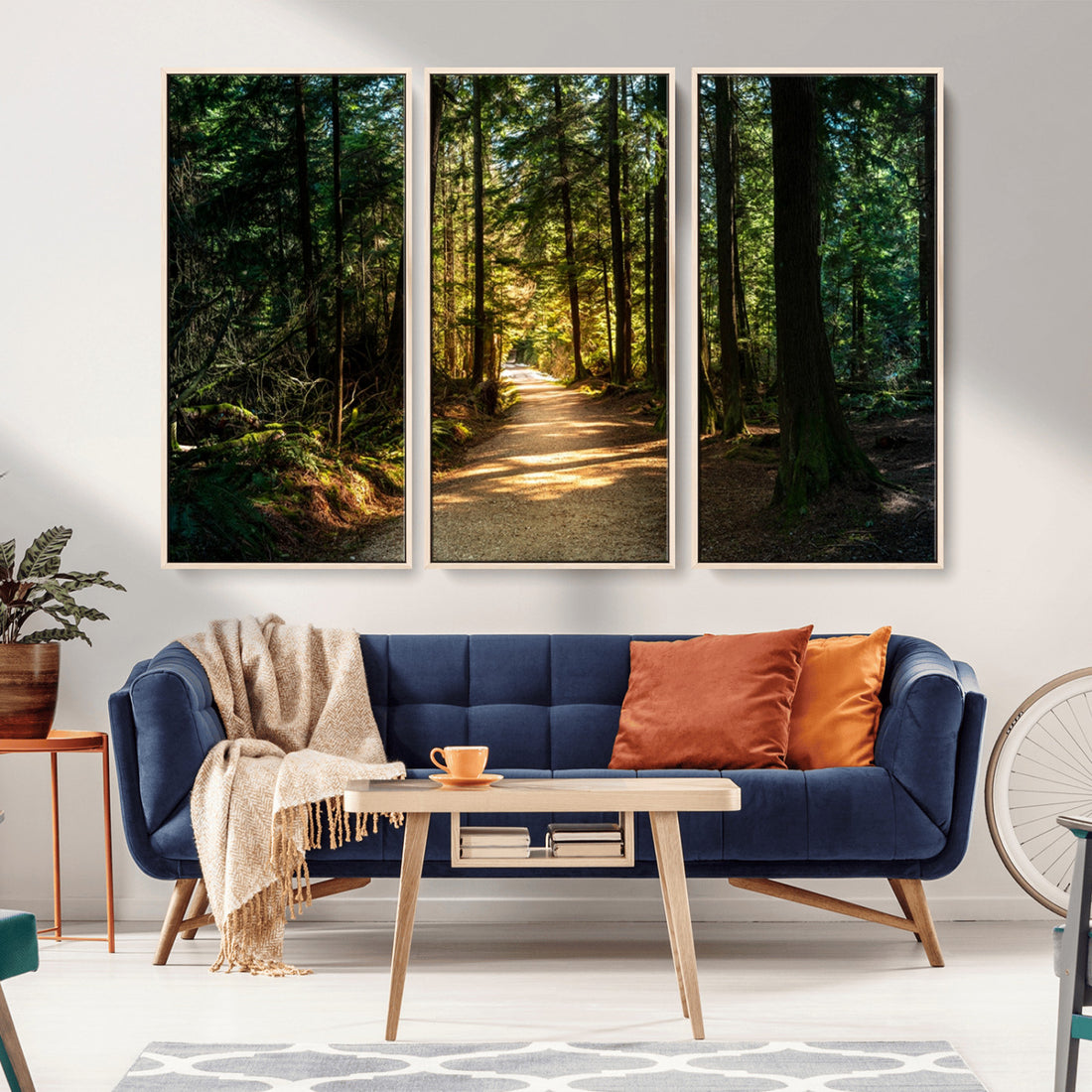 Sunlit Forest Pathway Canvas Print | 3 Panel Large Nature Wall Art