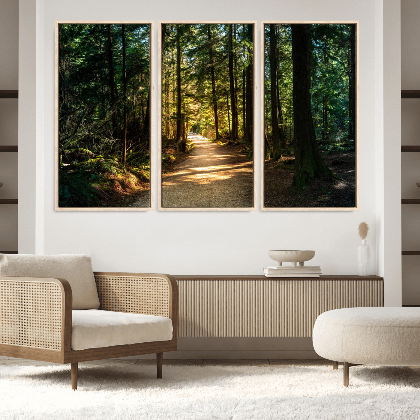 51762-MGV-FC-60X40-3P_Natural-Sunlit Forest Pathway Canvas Print | 3 Panel Large Nature Wall Art for Living Room, Office, or Modern Space | Tranquil Scenic Forest, Ready