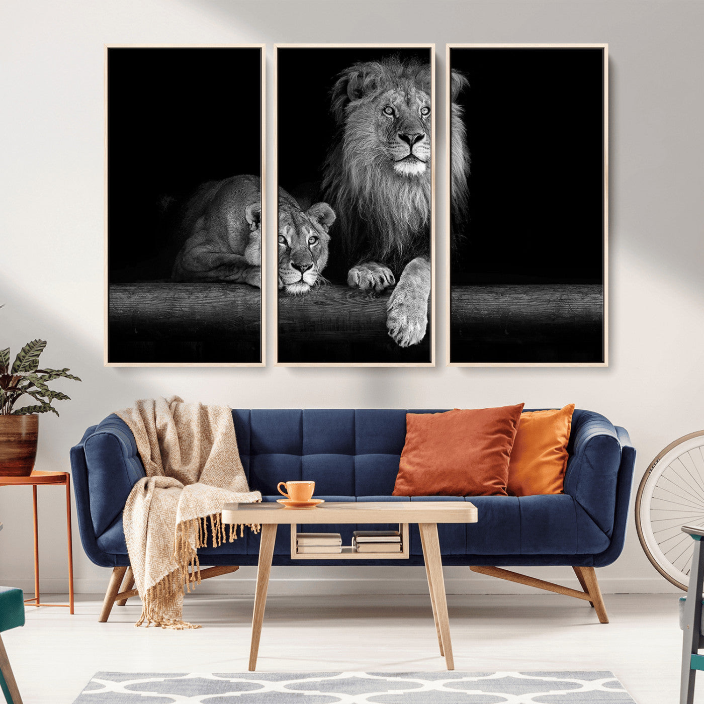 MGV-FC-48X32-3P - Large Black and White Lion Couple Wall Art Canvas Print