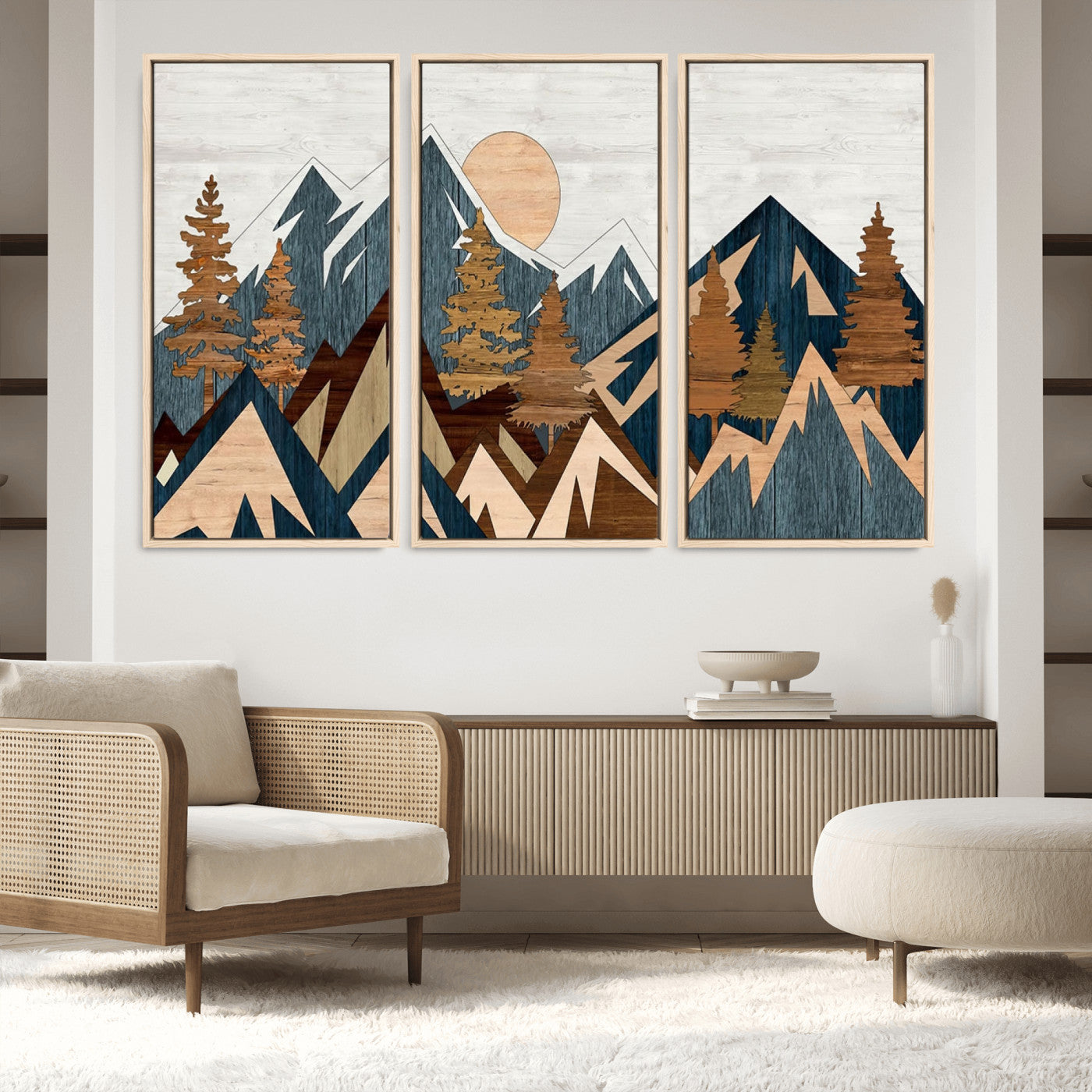 91467-MGV-FC-60X40-3P_Natural-Abstract Wood Panel Effect Mountain Range Top Wall Art Canvas Print