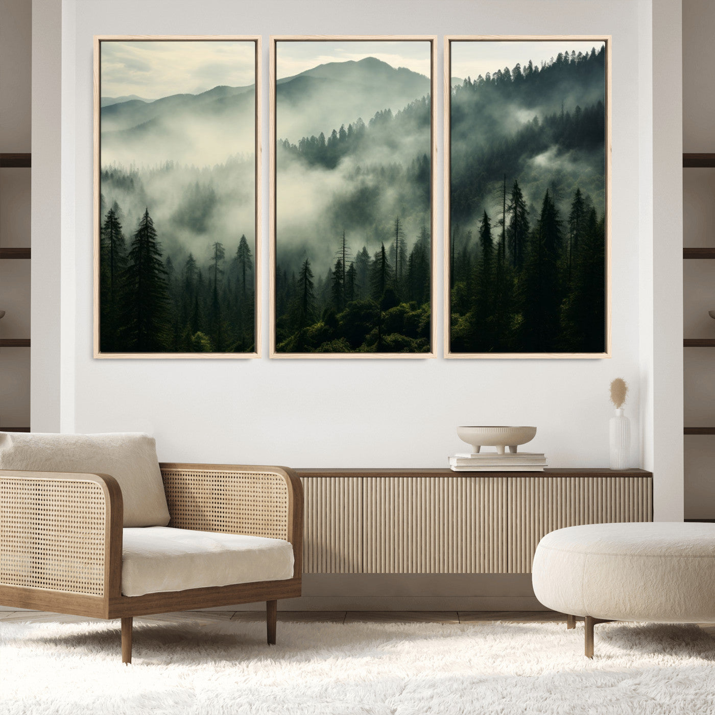 25295-MGV-FC-60X40-3P_Natural-Captivating Misty Forest Wall Art Premium Canvas Print a Foggy and Serene Atmosphere