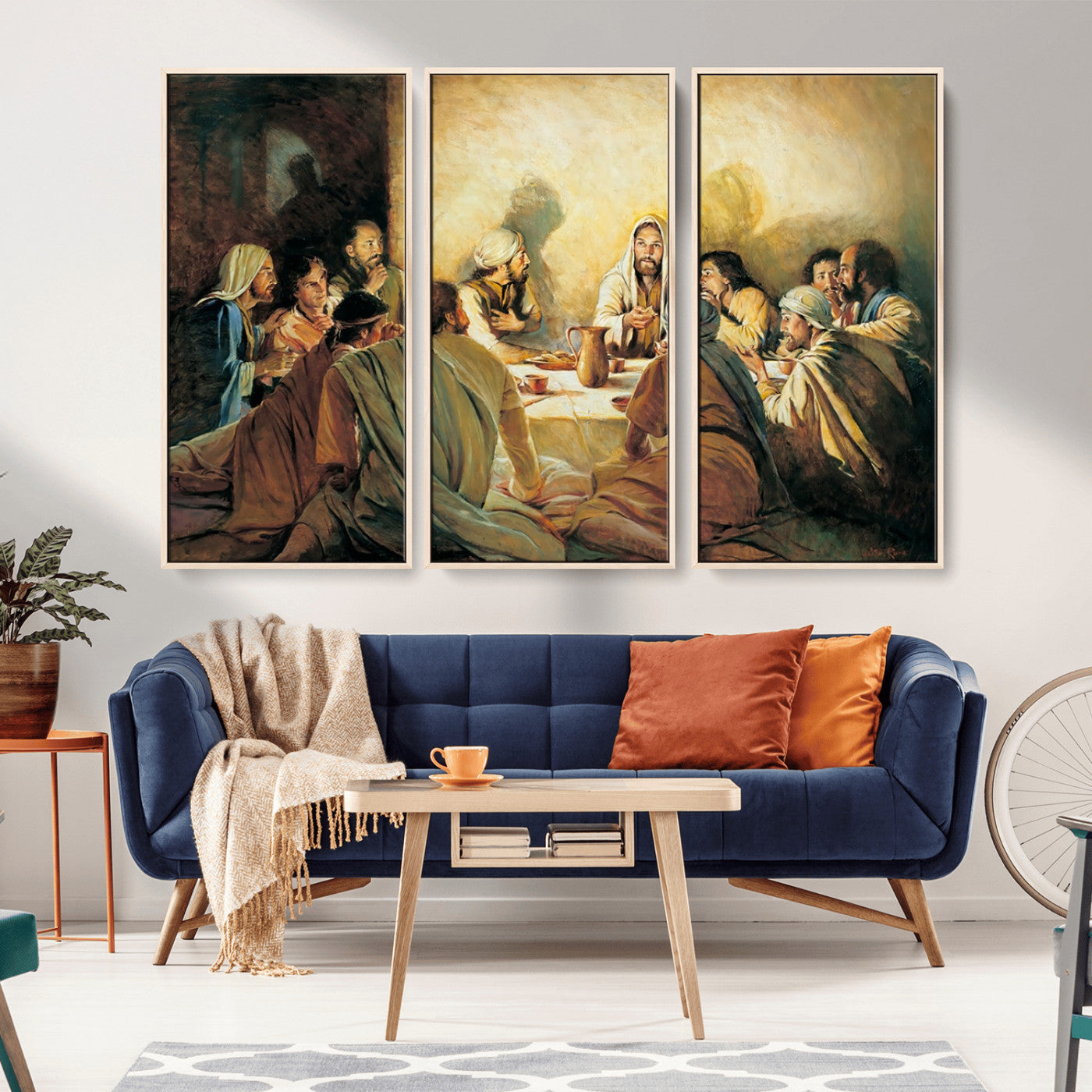Framed canvas print of the Last Supper, depicting Jesus and his disciples, perfect for religious or Christian-themed home decor.