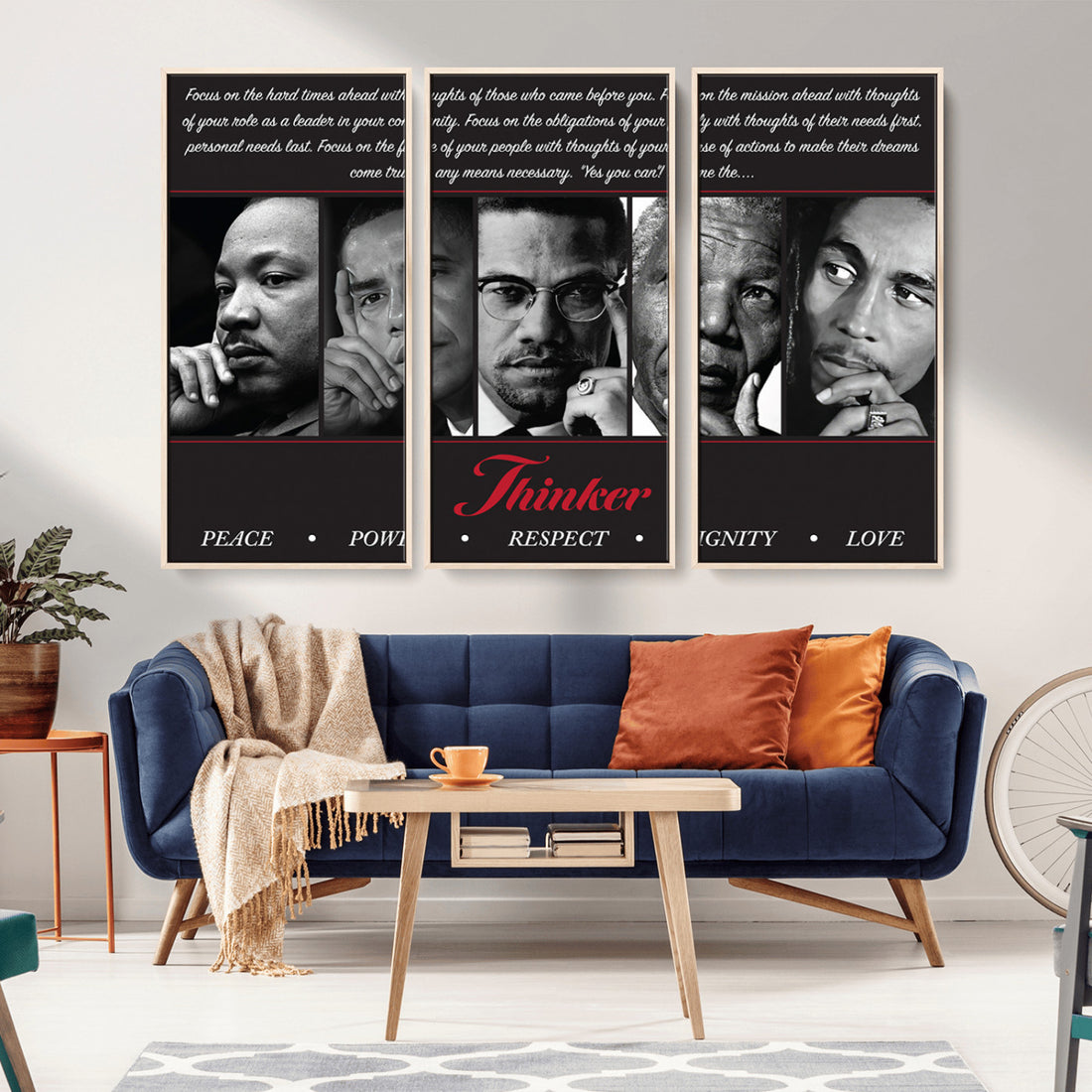 Thinker Quintet Canvas Wall Art | Martin, Obama, Malcolm X, Mandela, Marley, Peace Power Respect Dignity Love
