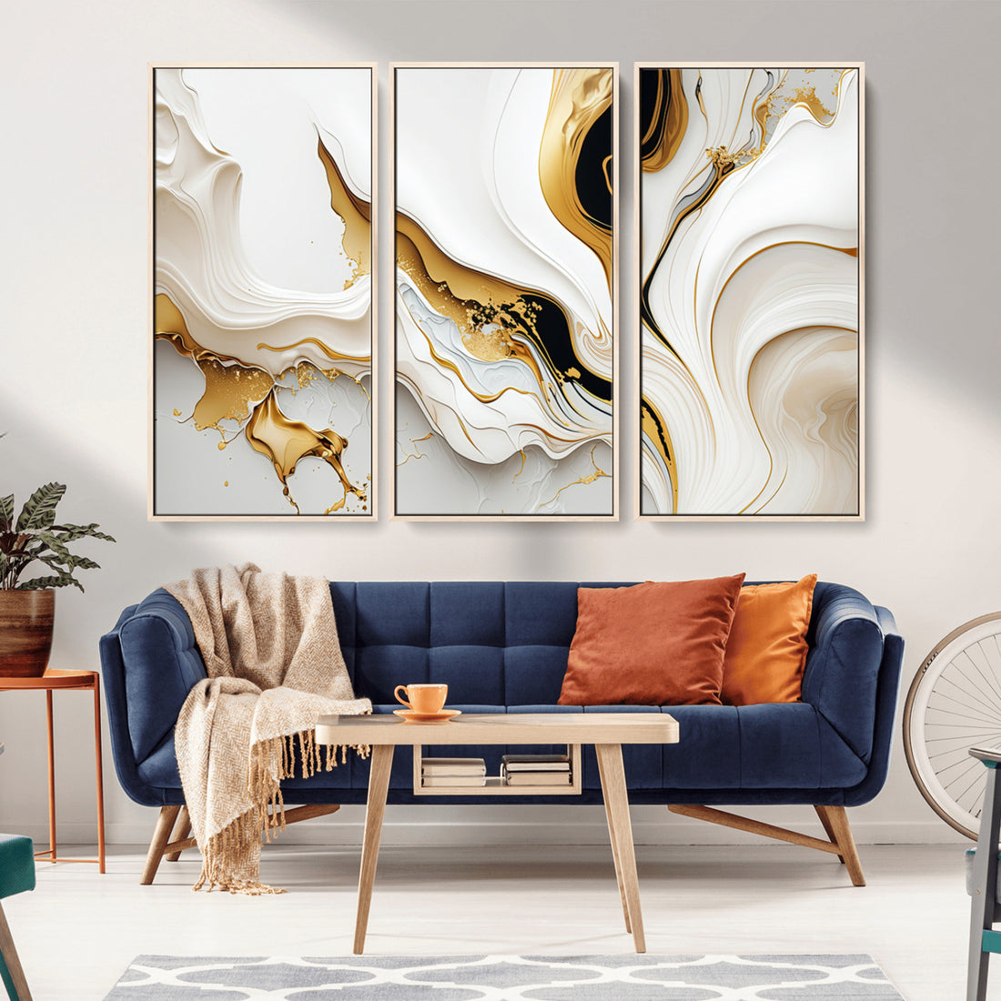 Gold Waves on Pure White Canvas, Gold Abstract Art for Modern Interiors