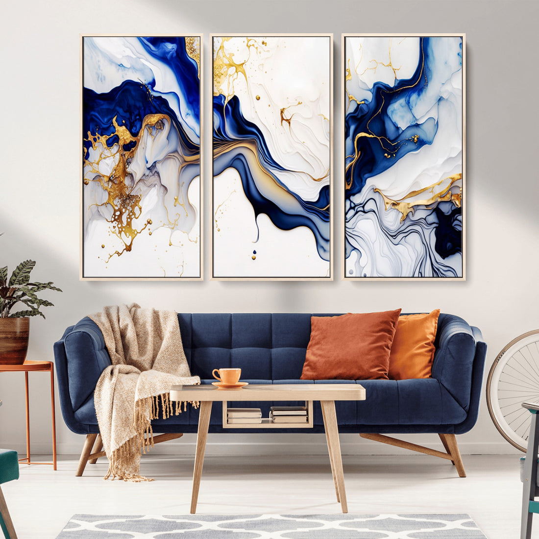 Golden Cascades on Midnight Blue, Deep Blue Abstract Wall Art Canvas Print