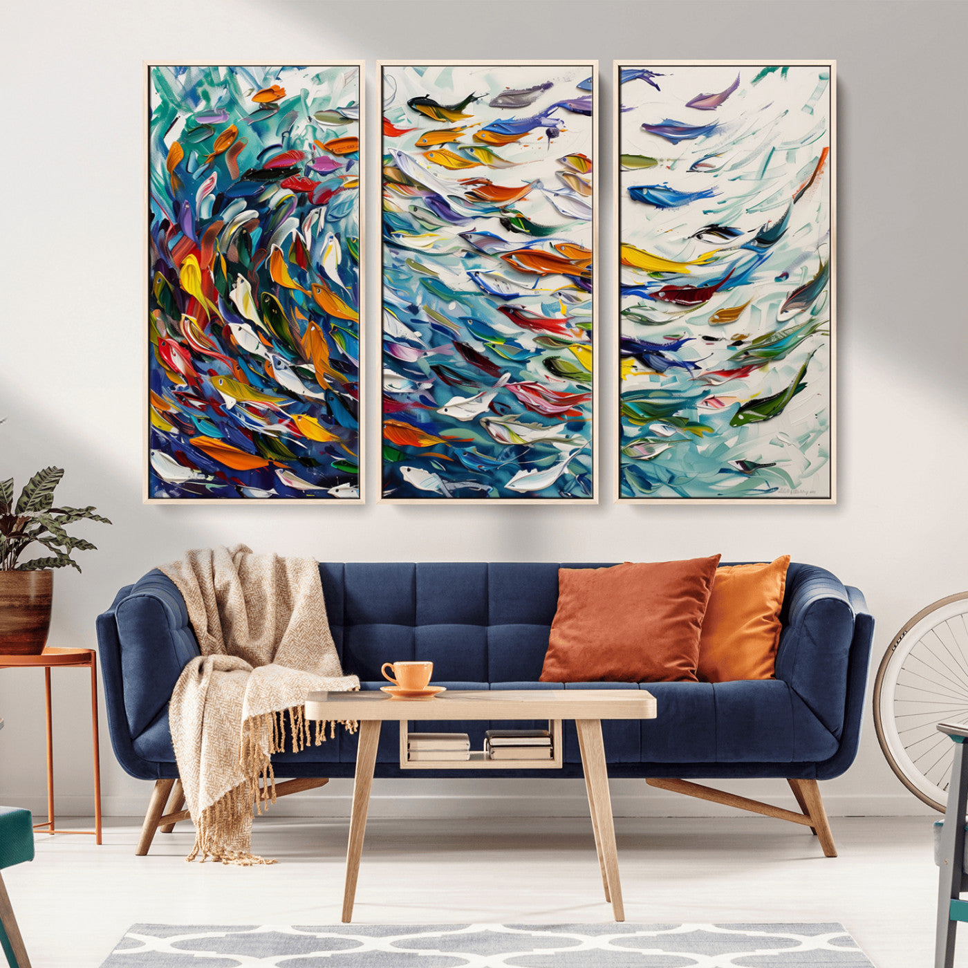 MGV-FC-48X32-3P - Modern Abstract Fish Shoal Wall Art Canvas Print, Colorful Fish Herd Painting on Canvas Print, Ocean