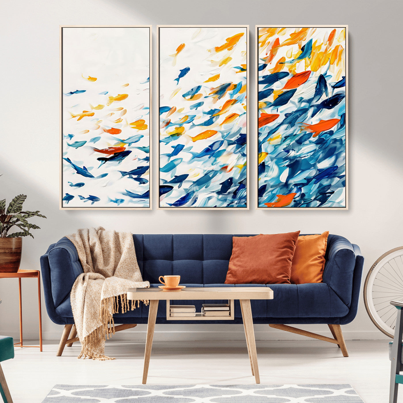 MGV-FC-48X32-3P - Abstract Fish Shoal Wall Art Canvas Print, Colorful Fish Herd Painting on Canvas Print, Ocean Animal