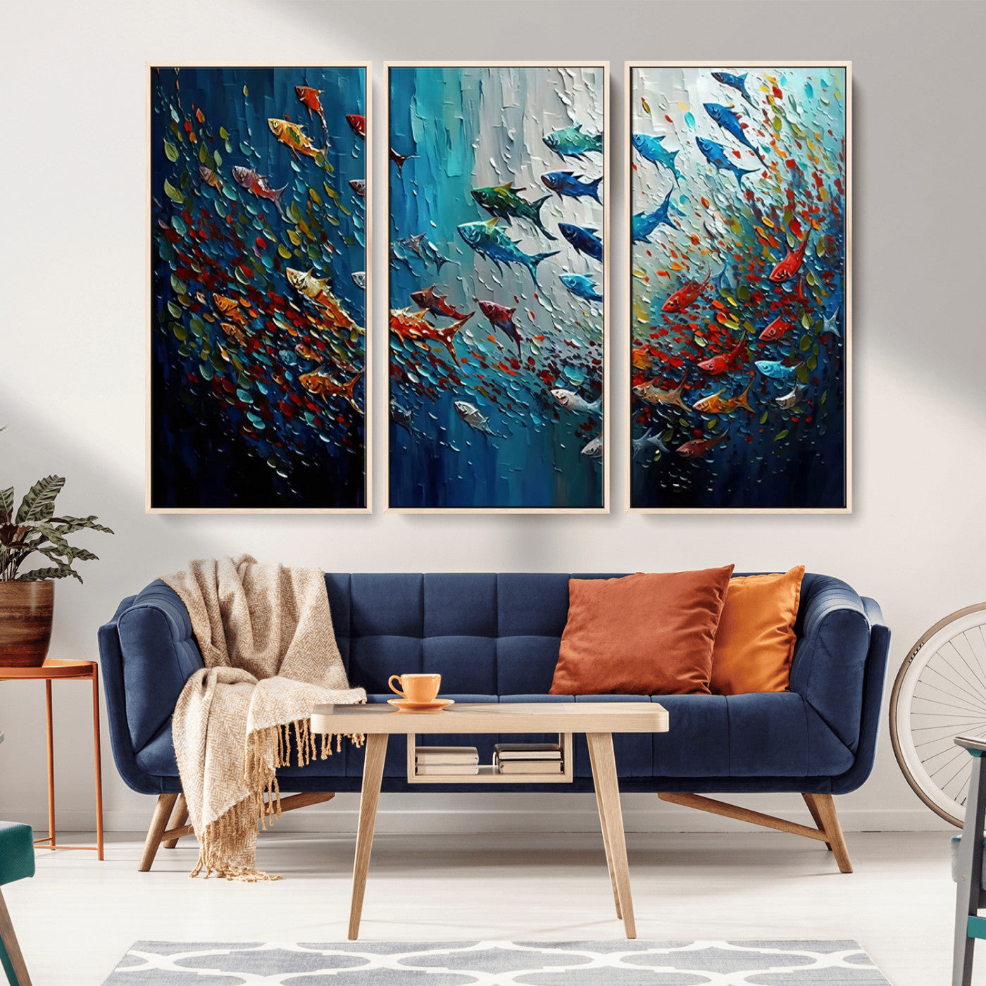 MGV-FC-48X32-3P - Modern Abstract Fish Shoal Wall Art Canvas Print, Colorful Fish Herd Painting on Canvas Print, Ocean