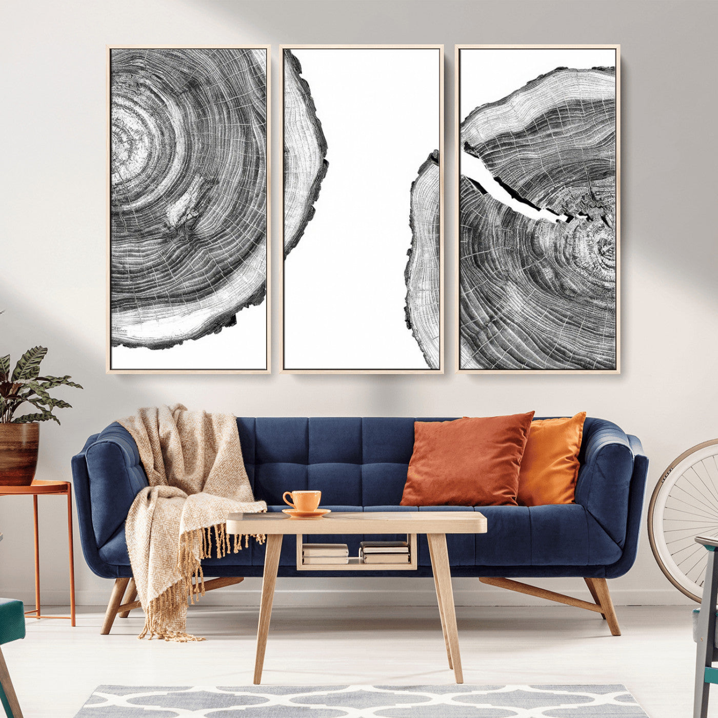 MGV-FC-48X32-3P - Abstract Large Tree Rings – Minimalist Black and White Wood Art | Triptych Canvas, Modern Wall Decor