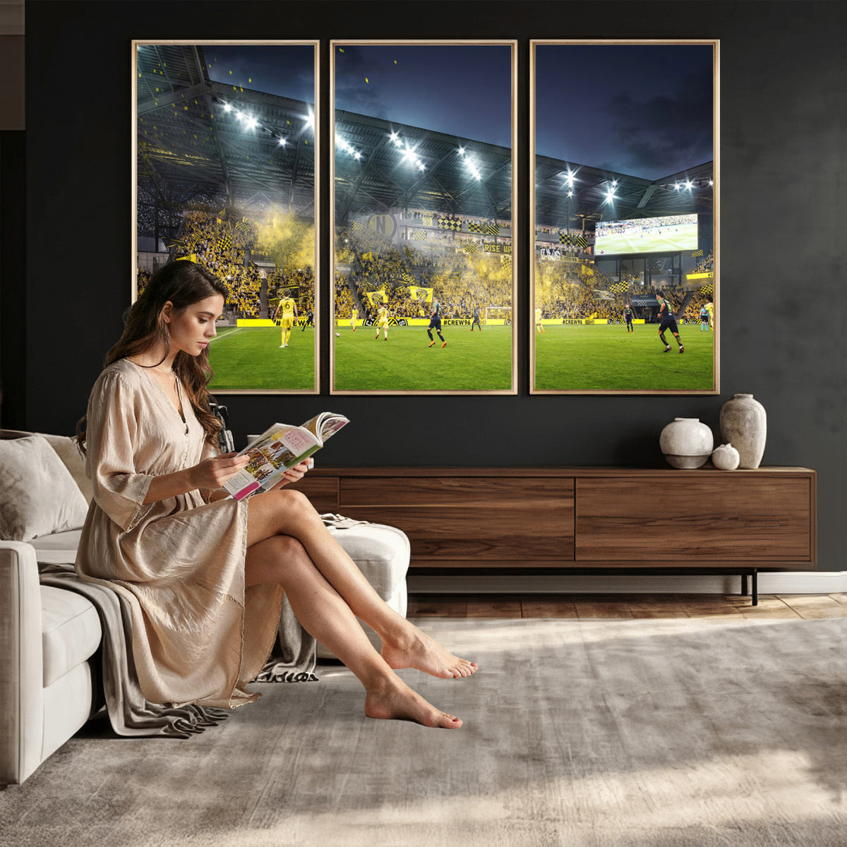 65820-MGV-CV-36X24 - Columbus Crew Stadium Match Triple Canvas Wall Art - Dynamic MLS Game Scene Canvas Wall Art