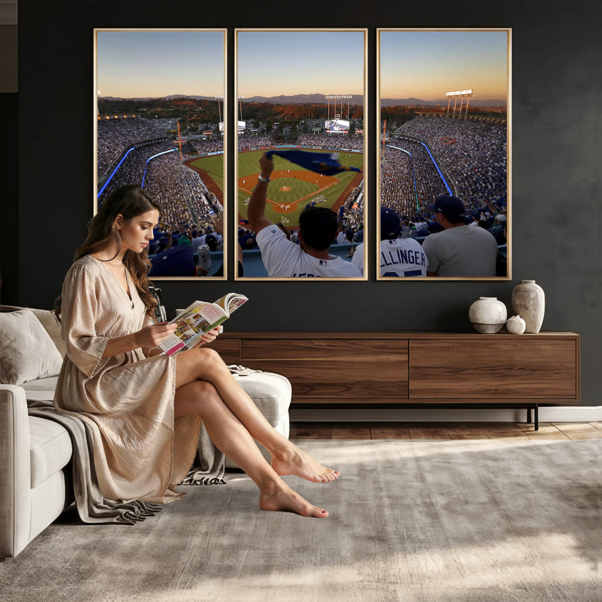 60162-MGV-CV-36X24 - Dodger Stadium Sunset Game Triple Canvas Wall Art, Los Angeles Dodgers MLB Match