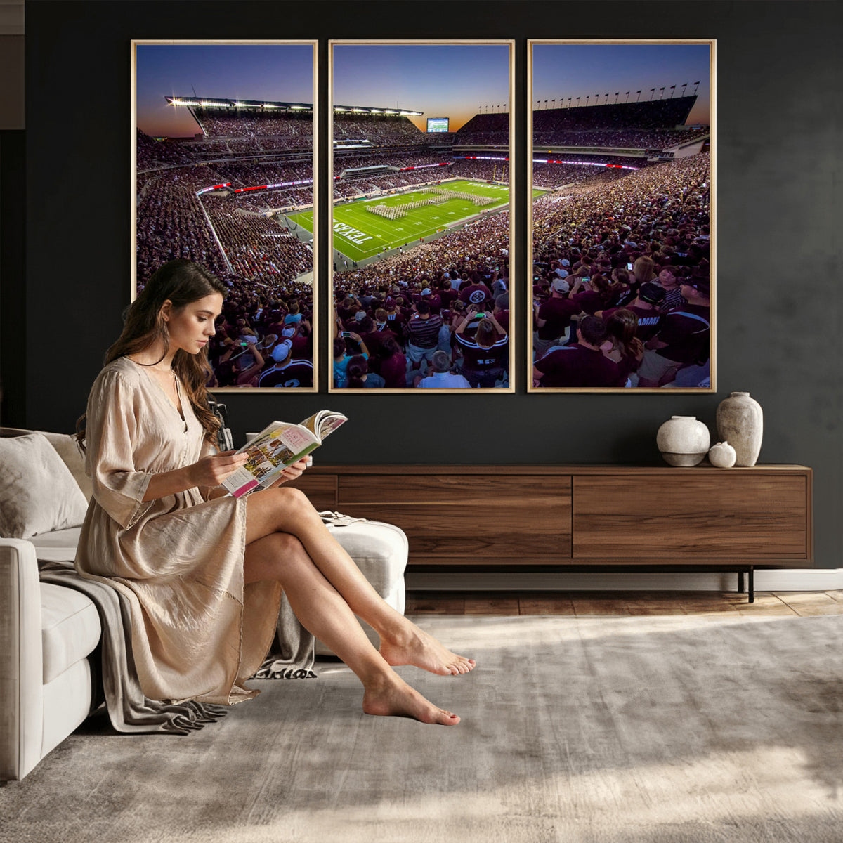 25148-MGV-CV-36X24 - Texas A&M University Aggies Football Team Print, College Station Kyle Field, Framed and Ready to Hang