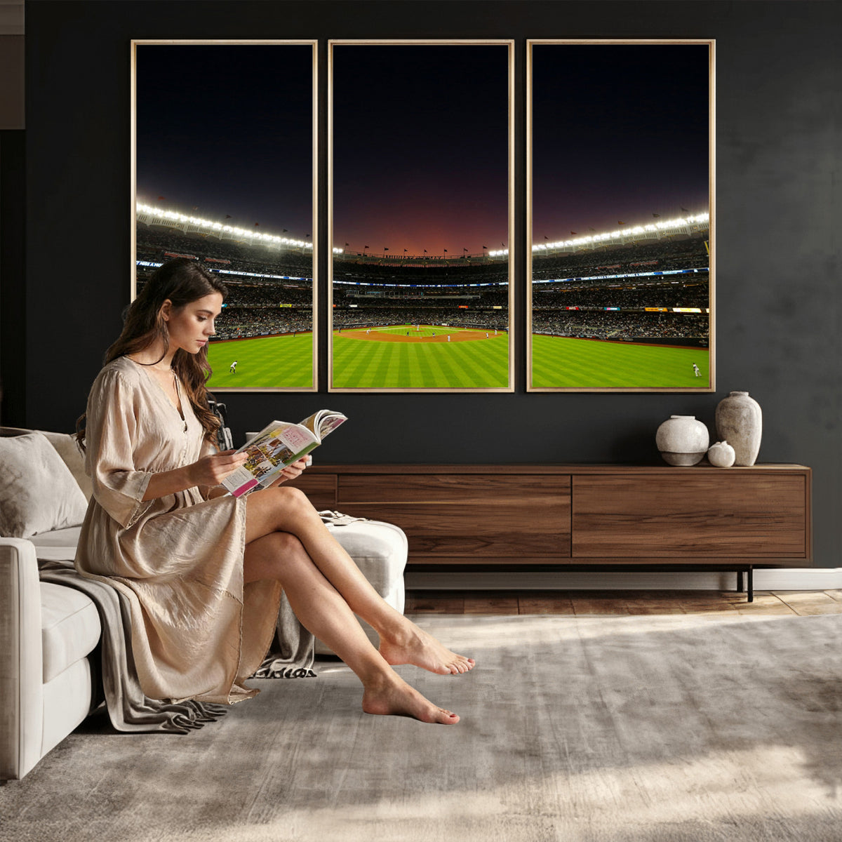 59138-MGV-CV-36X24 - Yankee Stadium Night Game Triple Canvas, New York Yankees Stadium Wall Art