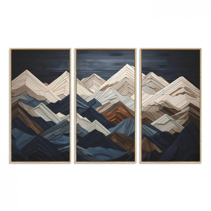 A geometric mountain range wood style wall art in shades of blue, gray, and brown; a 3-piece abstract set perfect for modern rustic decor.