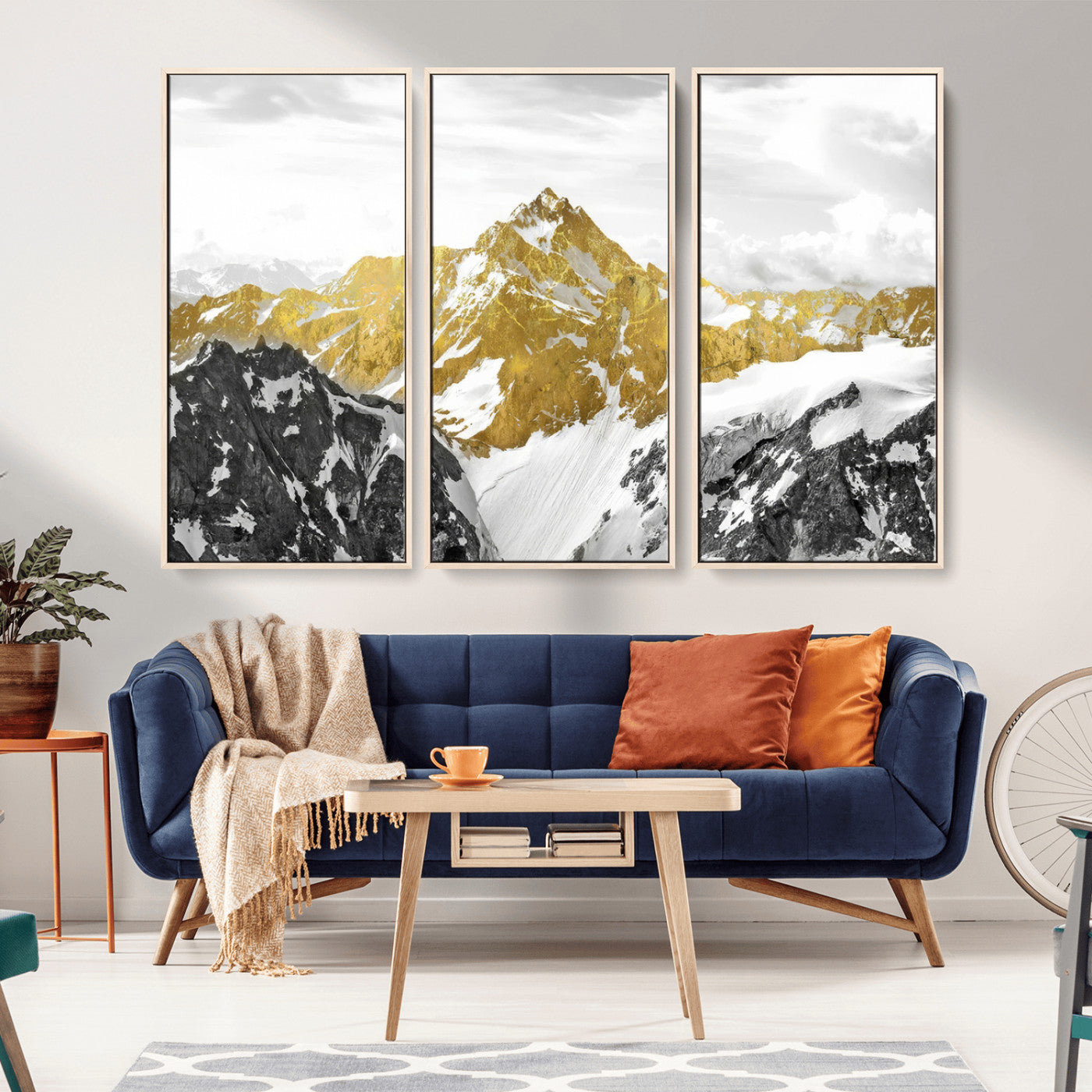 MGV-FC-48X32-3P - Gold Abstract Mountains Wall Art Print on Canvas, Nature Wall Art Print,