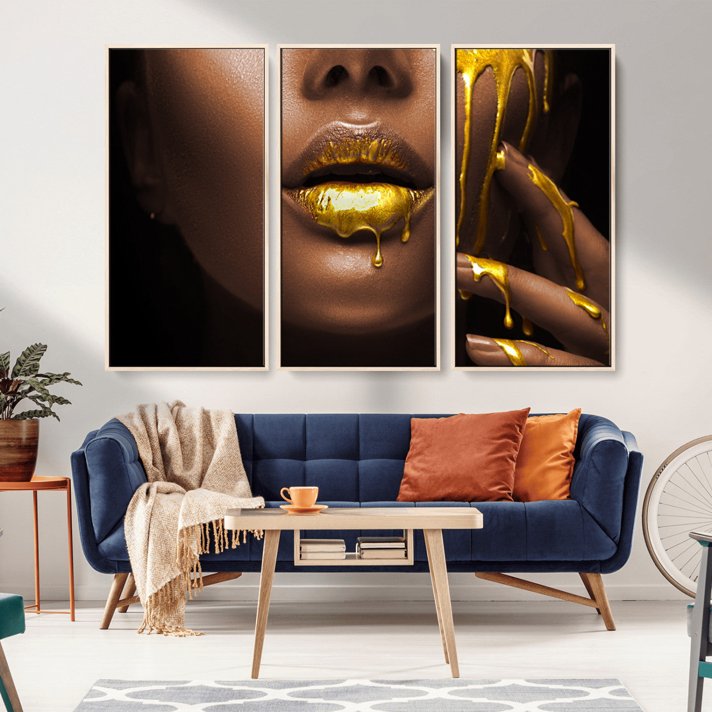 MGV-FC-48X32-3P - African American Art Black Woman Canvas Print, African Wall Art, Fashion African Woman Gold Lips