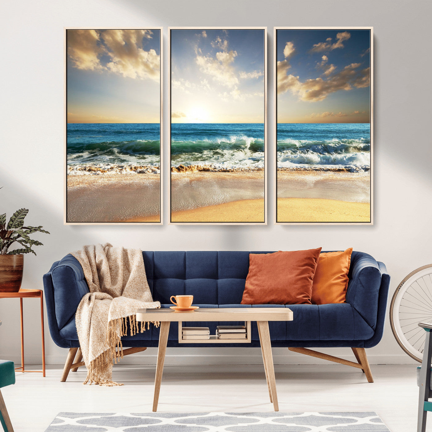 MGV-FC-48X32-3P - Golden Sunset Beach Triptych Canvas Wall Art for Living Room – 3-Panel Ocean View, Framed & Ready to