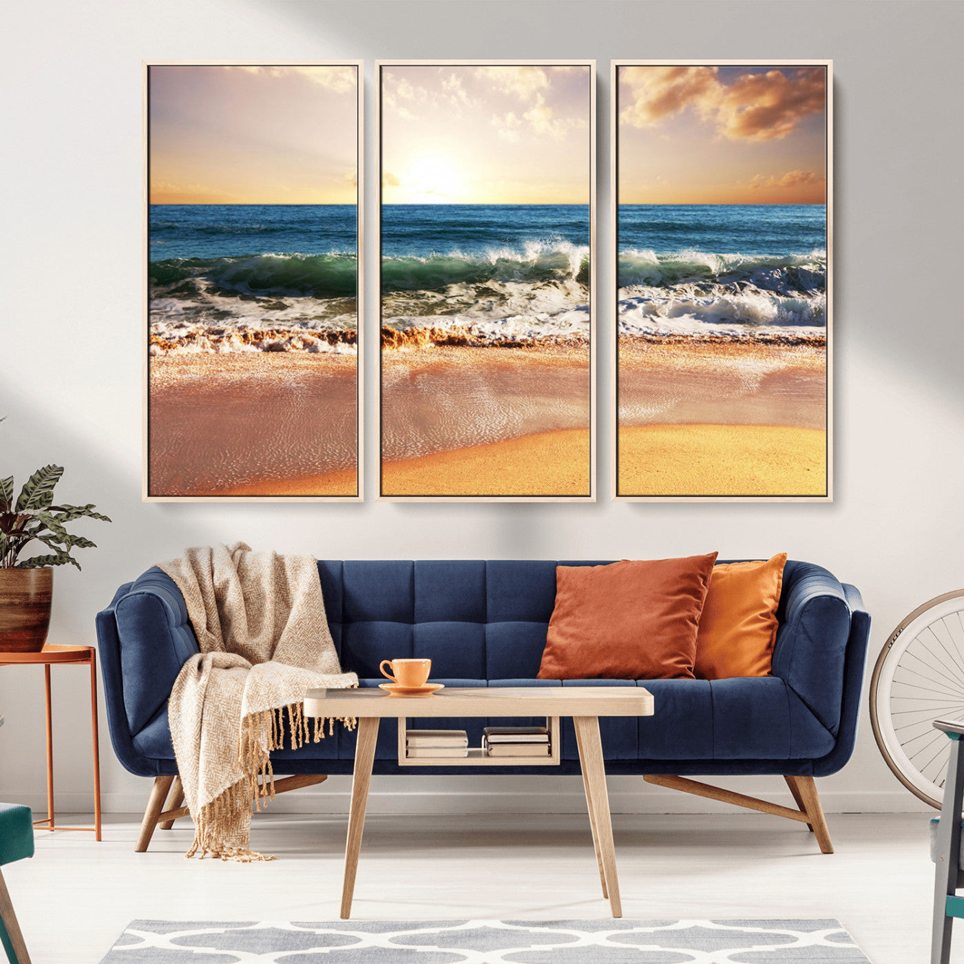 MGV-FC-48X32-3P - Sunset Beach Wall Art - 3-Panel Framed Canvas Print, Ready to Hang Ocean Sunset for Coastal and